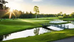 a golf course with a bridge and water