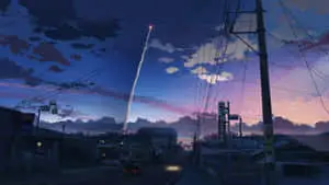 a city with a skyline and a rocket