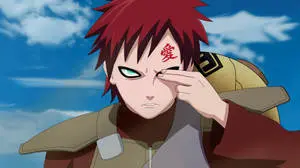An iPad wallpaper of Gaara from the anime series Naruto focusing and staring at something, with two of his fingers covering his right eye.