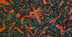 a painting with orange and black shapes on it
