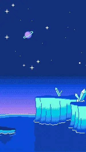 a pixel art image of a rocky island with a moon and stars