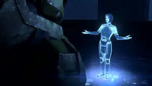 Halo's Cortana AI on a blue background