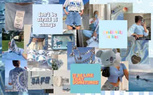 a collage of blue and white photos