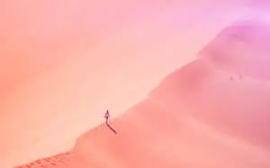 a person walking on a sand dune with pink sky