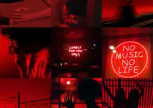 a collage of photos with red lights and a red sign