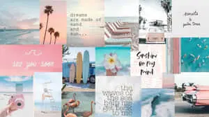 a collage of photos with a pink car and beach
