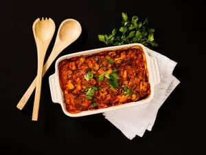 Savory Tray of Moussaka on a Dark Surface
